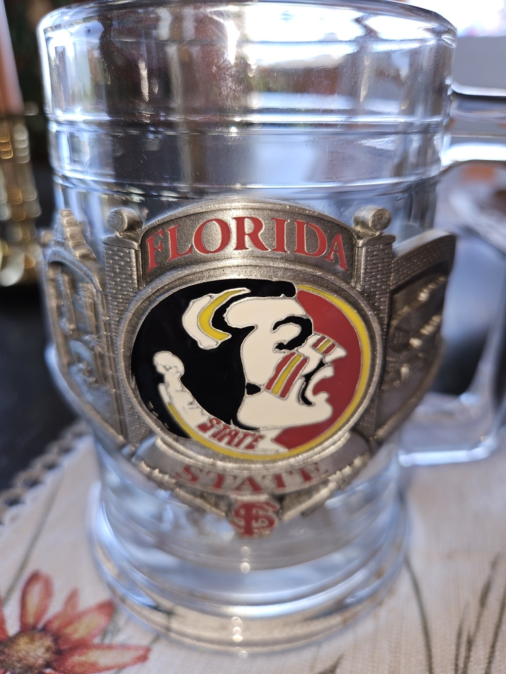 Vintage Florida State Seminoles Glass & Pewter Beer Stein Mug